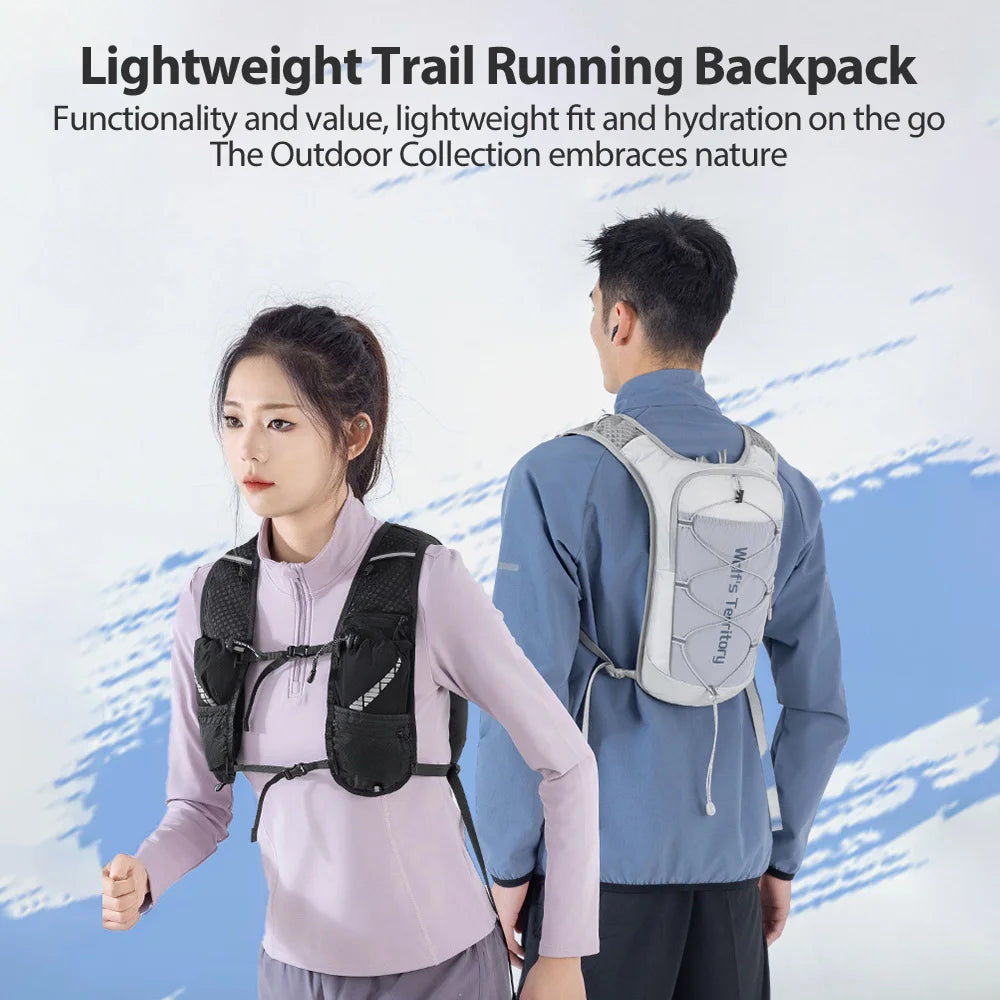 A woman wearing a light purple shirt and black running vest is shown alongside a man wearing a light blue shirt and a similar
