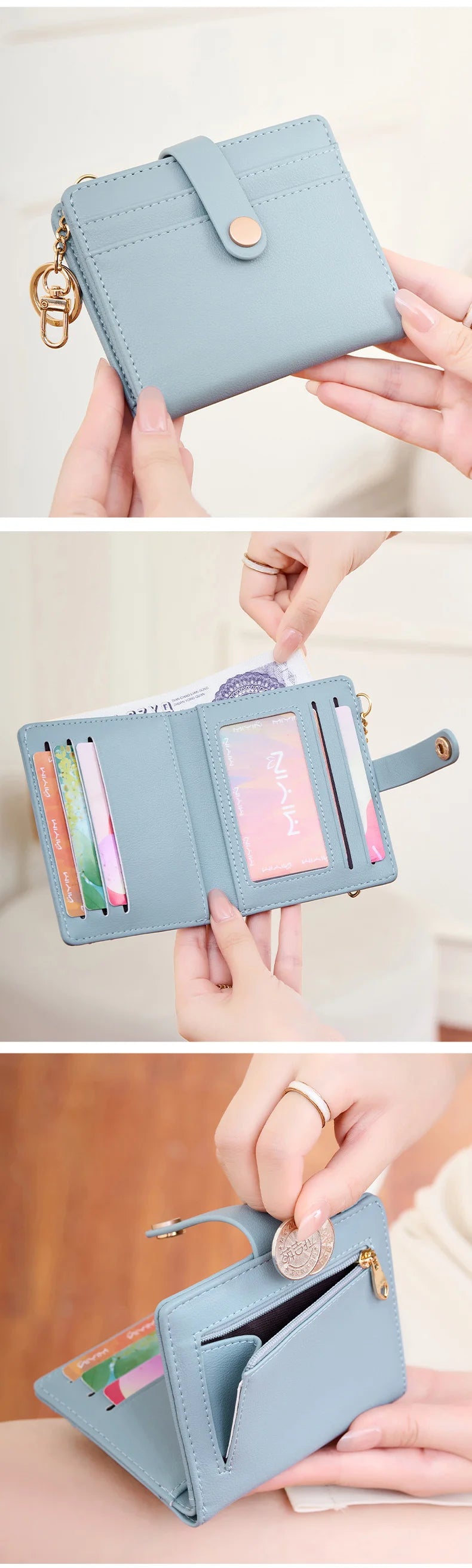 A light blue minimalist wallet is shown being held by hands, displaying various cards and IDs.