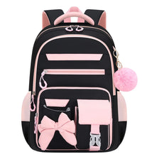 A pink and black cartoon school bag set for girls with a backpack and accessories.