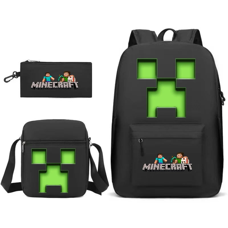 Black backpack featuring a Minecraft-themed design with green pixelated details.
