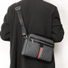 Black men's letter print crossbody sling bag worn on a black jacket.