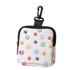 A white fabric coin purse with a black strap and scattered paw print designs.