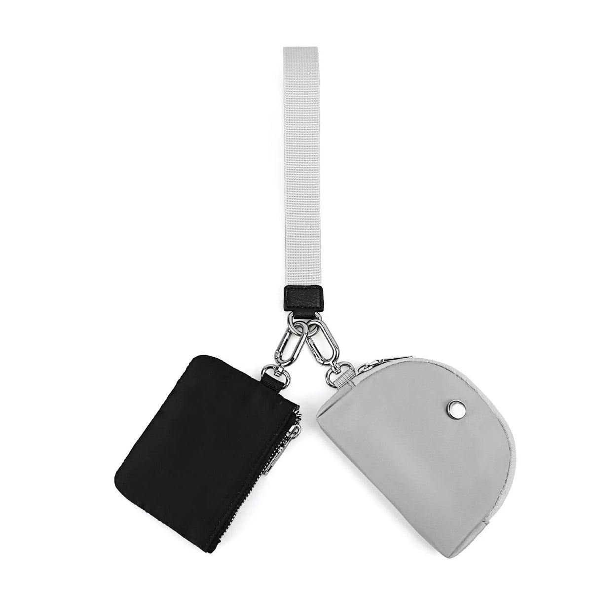 A black mini zip around wristlet wallet with a gray strap and silver chain.