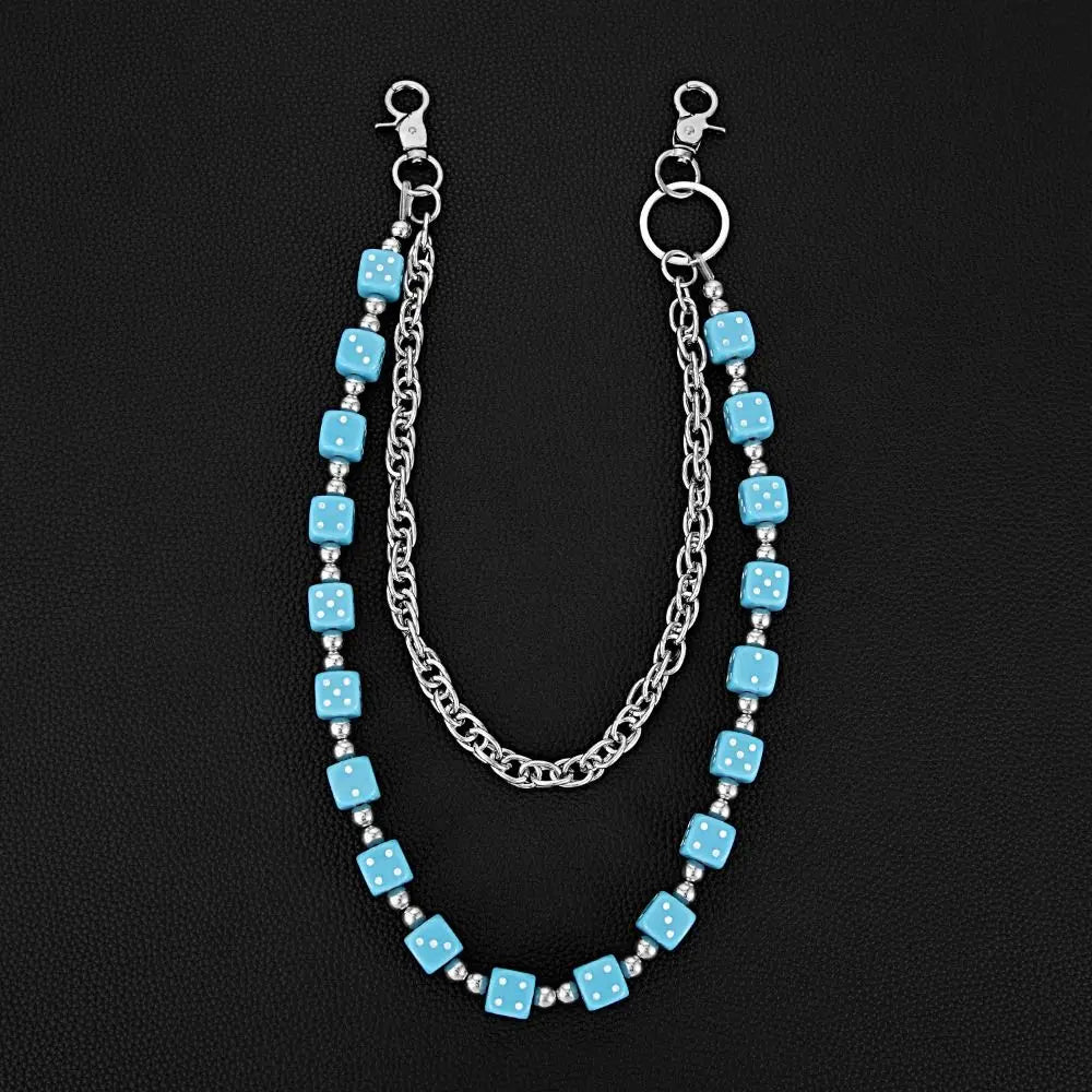 Silver chain necklace with light blue dice beads and jump rings