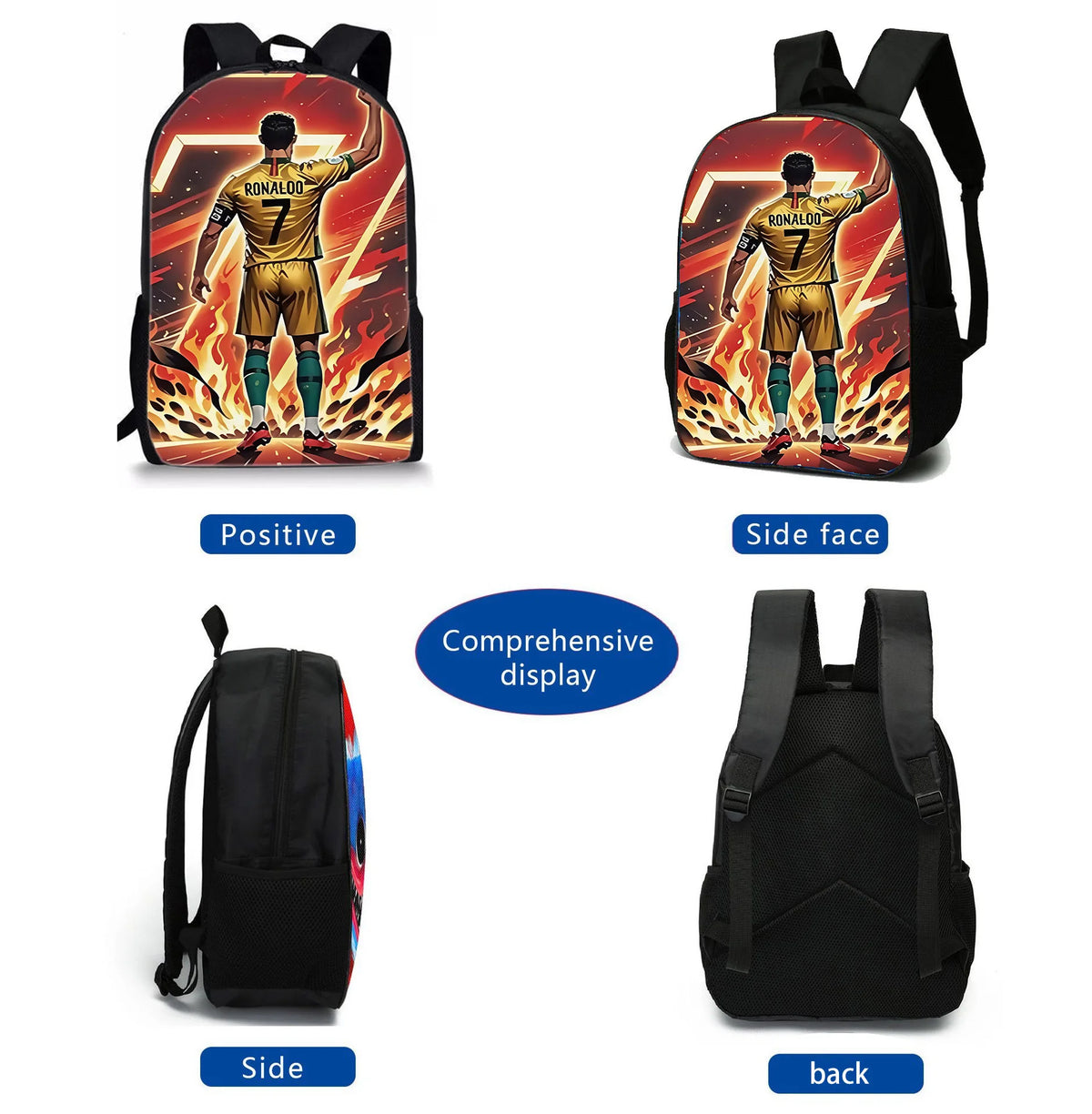 A set of black backpacks featuring a football player design on the front, side, and back.