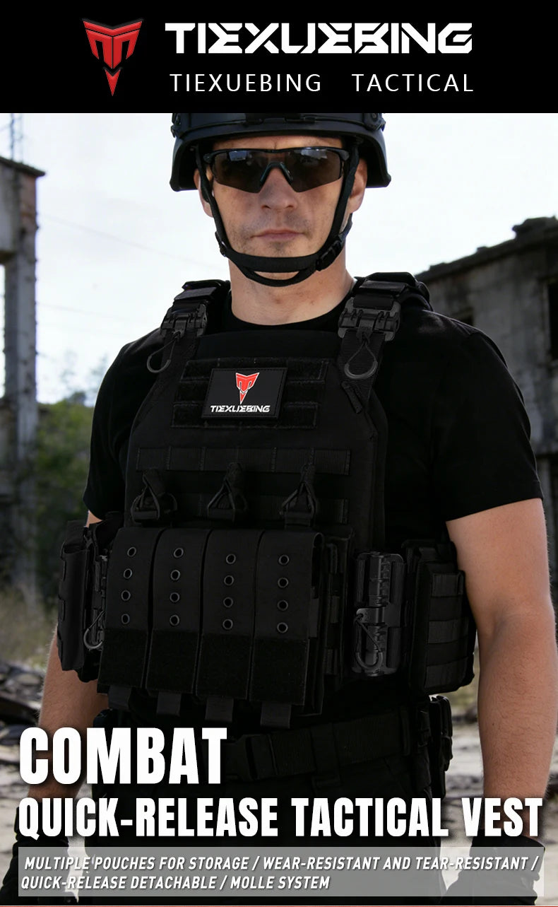 A tactical vest worn by a man, featuring multiple pouches and a quick-release system.