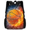 A black backpack featuring a graphic of a basketball engulfed in flames and water splashes.