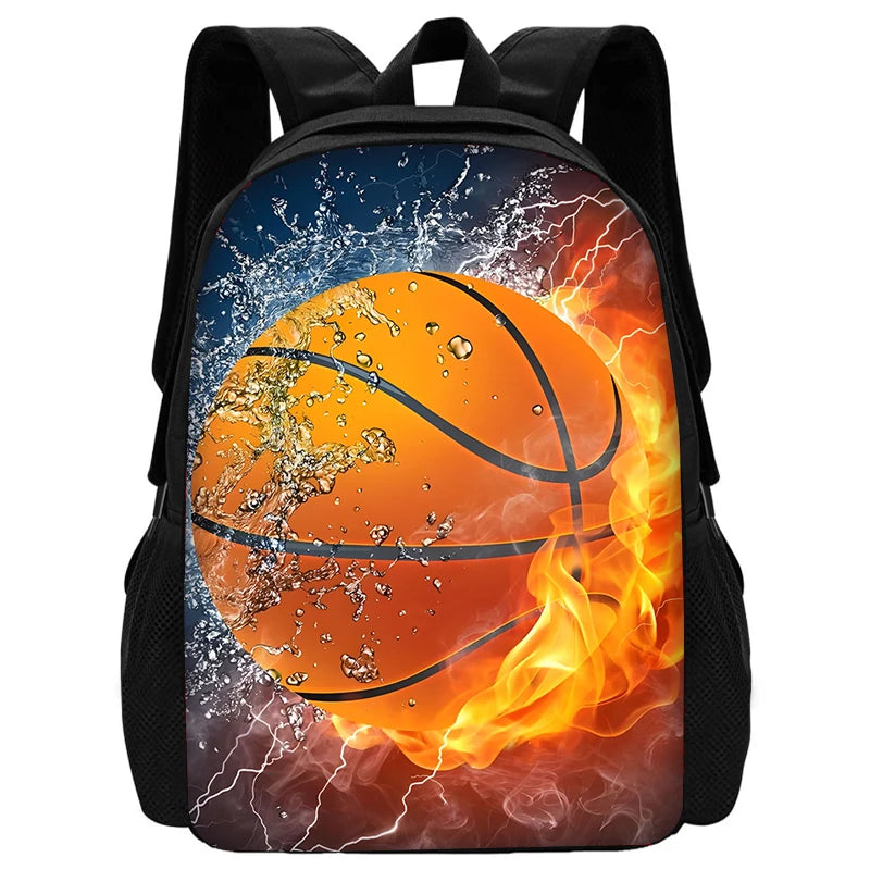 A black backpack featuring a graphic of a basketball engulfed in flames and water splashes.