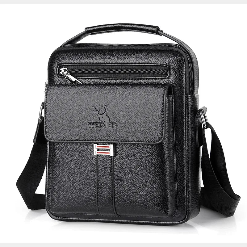 Black vintage PU leather crossbody messenger bag with a top handle and leather strap.