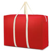 A bright red foldable waterproof storage bag with light beige straps.