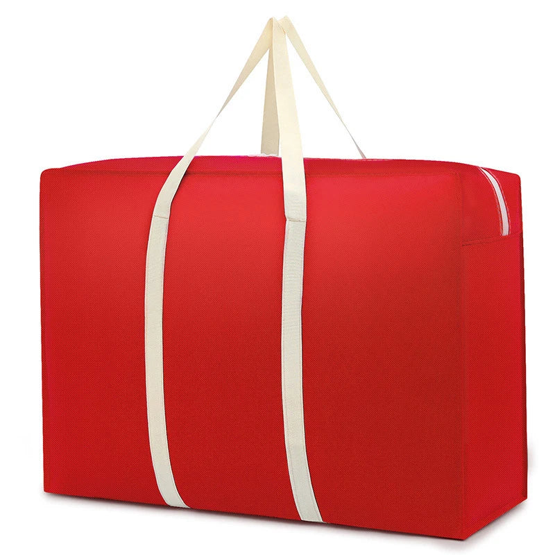 A bright red foldable waterproof storage bag with light beige straps.