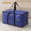 A blue woven storage bag with black straps and double zippers shown lying on a light surface.