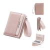 A light pink women's zip-around wallet with card slots and coin pocket shown in various views.