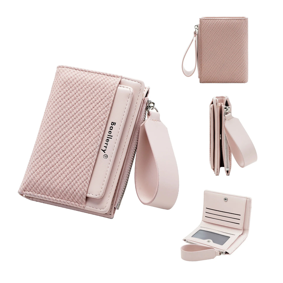 A light pink women's zip-around wallet with card slots and coin pocket shown in various views.