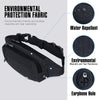 Black nylon waist pack featuring water repellent fabric, tear resistance, and an earphone hole.
