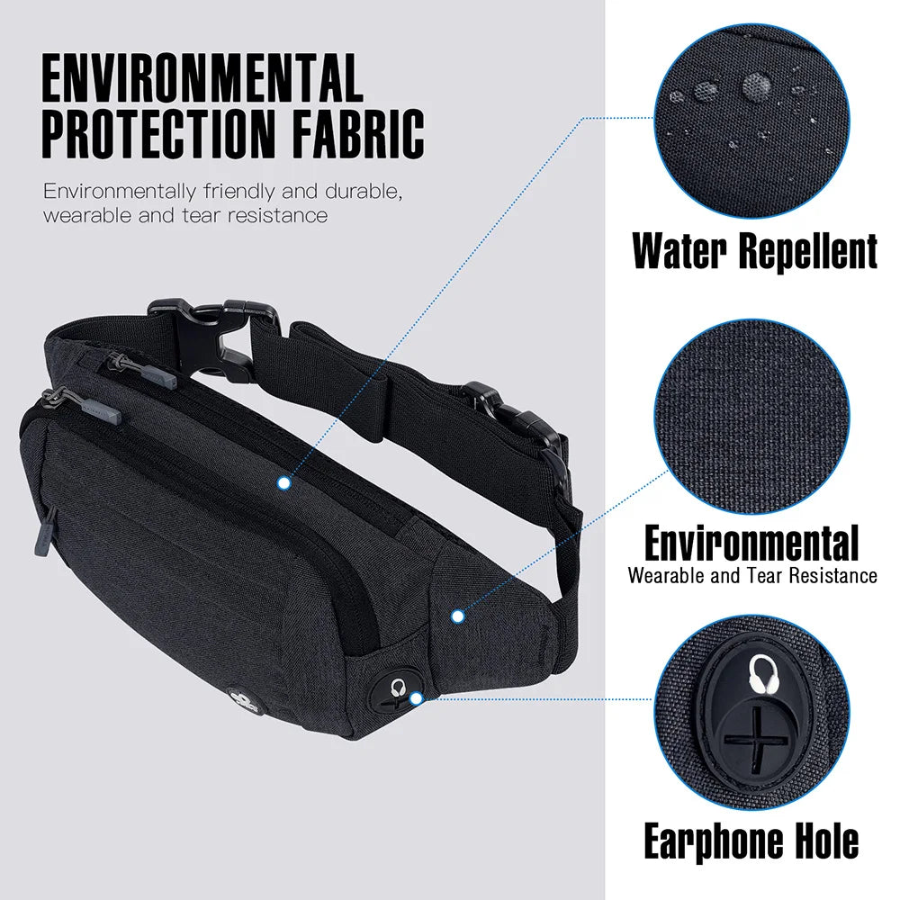 Black nylon waist pack featuring water repellent fabric, tear resistance, and an earphone hole.