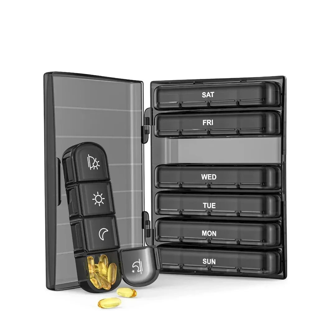 A black weekly pill organizer with seven compartments labeled for each day of the week.