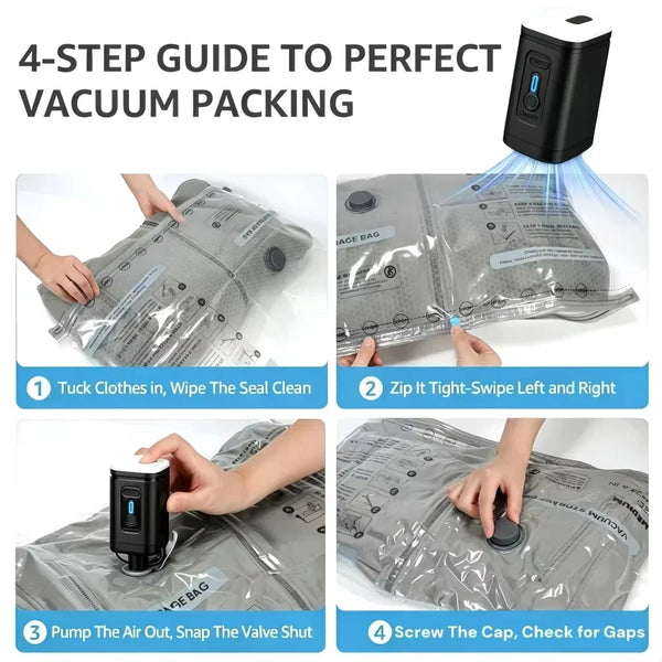 A four-step guide showing how to use a vacuum sealing tool to pack clothes into reusable vacuum storage bags.