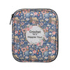 A light green crochet hook and sewing accessories storage bag featuring a floral pattern on a dark blue background.