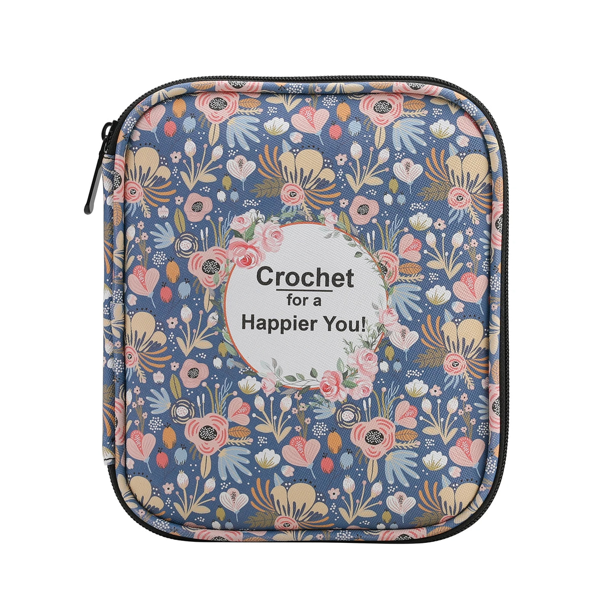 A light green crochet hook and sewing accessories storage bag featuring a floral pattern on a dark blue background.