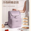 A purple insulated picnic cooler backpack is shown next to fresh food items.