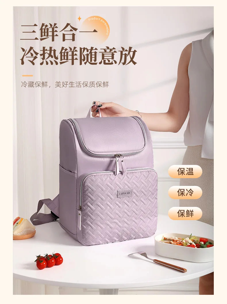 A purple insulated picnic cooler backpack is shown next to fresh food items.