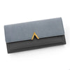 A grey tri-fold PU card holder wallet with a gold accent, shown flat.