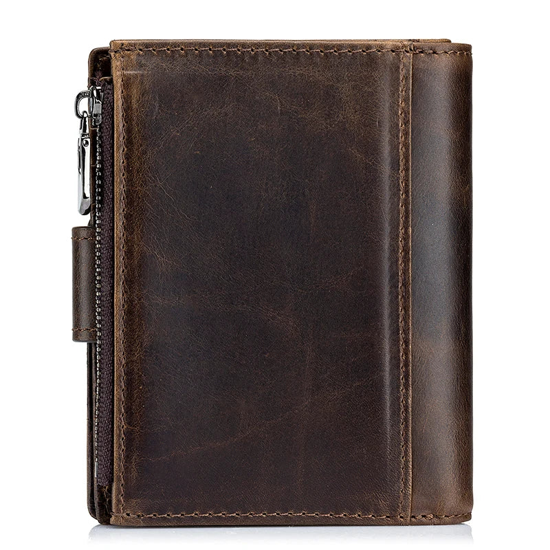 A dark brown genuine leather men's business wallet with a stitched edge and a zipper visible on the side.