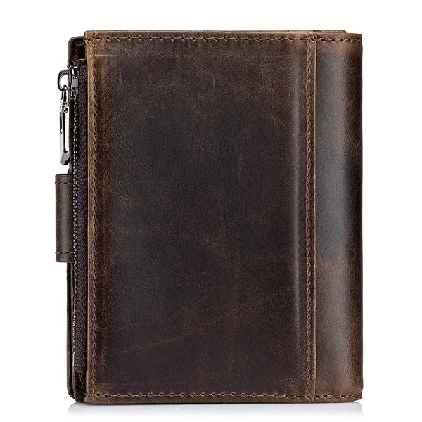 A dark brown genuine leather men's business wallet with a stitched edge and a zipper visible on the side.