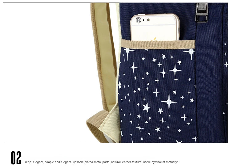 A dark blue canvas backpack with a tan strap and a front pocket decorated with white stars.