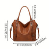 A brown women's PU leather crossbody tote bag shown with dimensions.