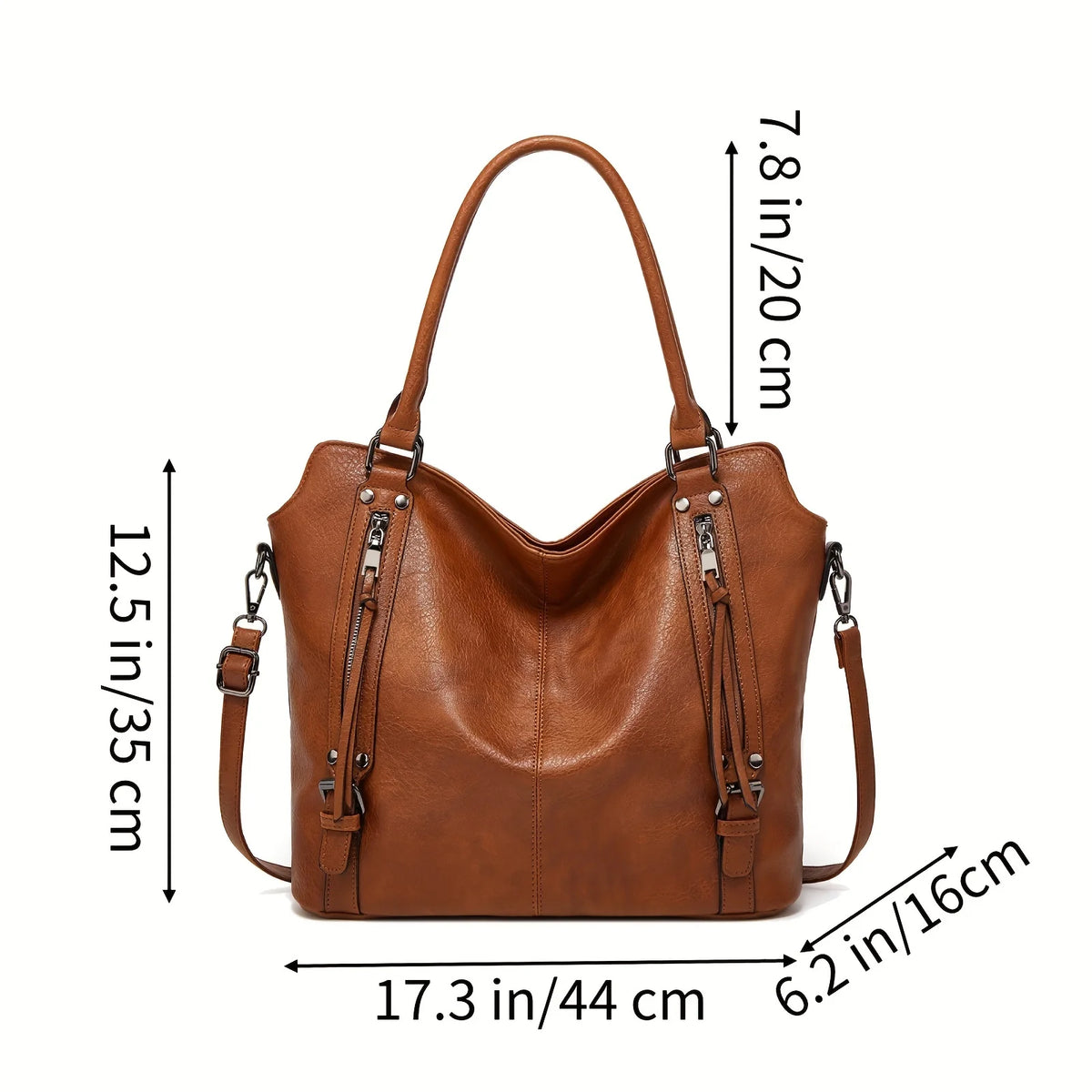 A brown women's PU leather crossbody tote bag shown with dimensions.