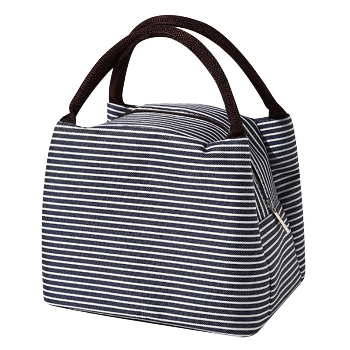 A navy and white striped insulated lunch tote bag with a black adjustable shoulder strap.