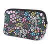A black fabric cosmetic organizer bag featuring a dense floral pattern of pink, purple, yellow, and white flowers.