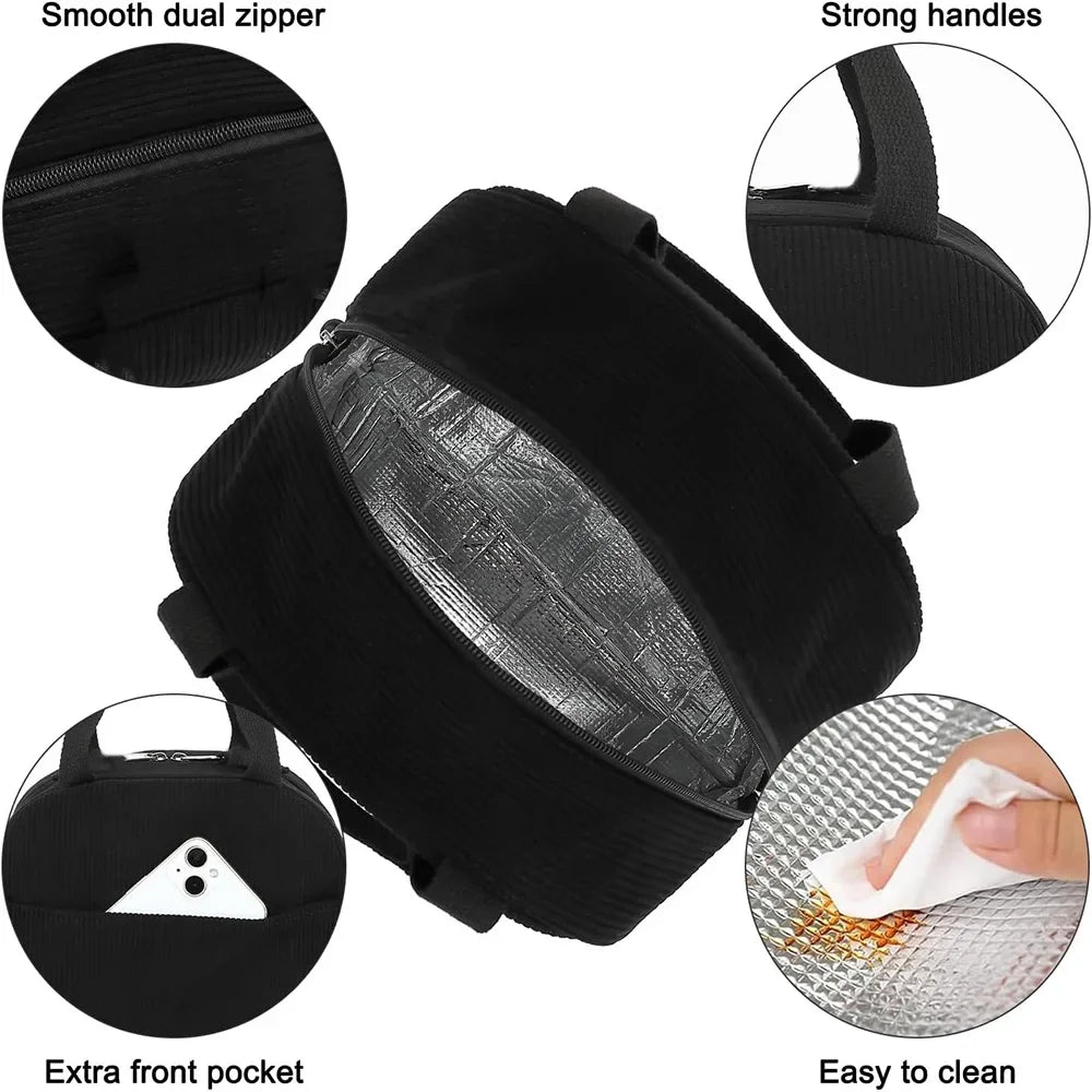 Black reusable thermal insulated bento bag featuring a smooth dual zipper, strong handles, an extra front pocket, and is easy