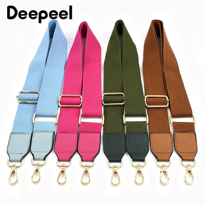 Set of four canvas cotton bag straps in various colors including blue pink green and brown with metal hooks