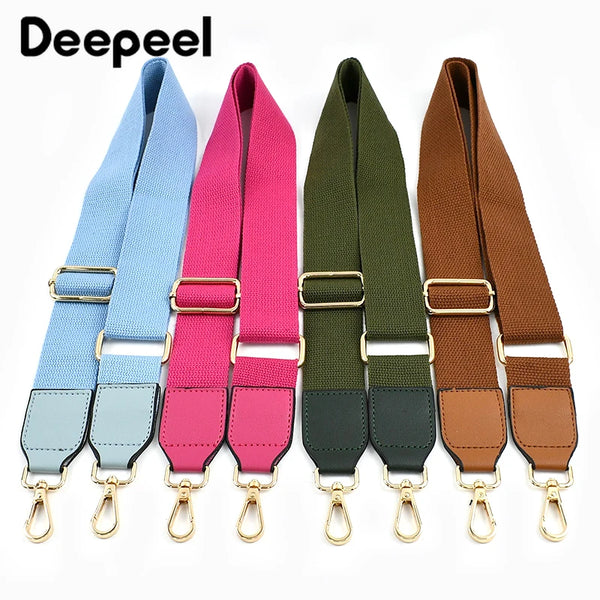 Set of four canvas cotton bag straps in various colors including blue pink green and brown with metal hooks