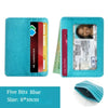 A turquoise slim PU leather mini wallet holding cards and ID, shown in a closed and open view.