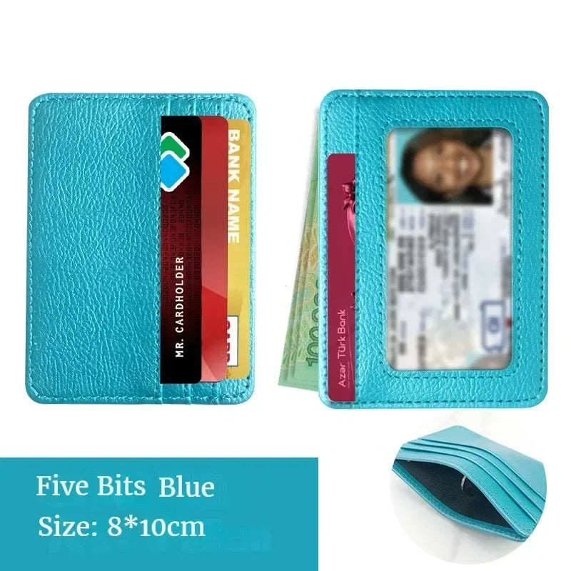 A turquoise slim PU leather mini wallet holding cards and ID, shown in a closed and open view.