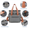 Bolso térmico gris para picnic con cremallera doble, bolsillos laterales y hebilla resistente.