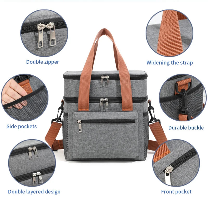 Bolso térmico gris para picnic con cremallera doble, bolsillos laterales y hebilla resistente.