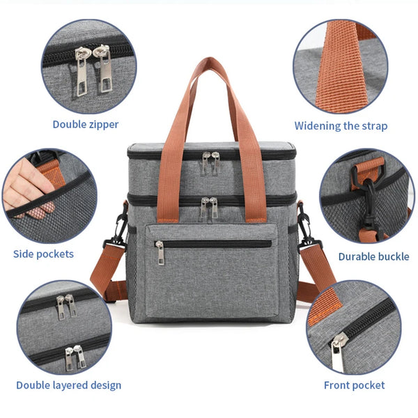 Gray thermal insulated picnic lunch tote bag showing features like double zipper, side pockets, and durable buckle.