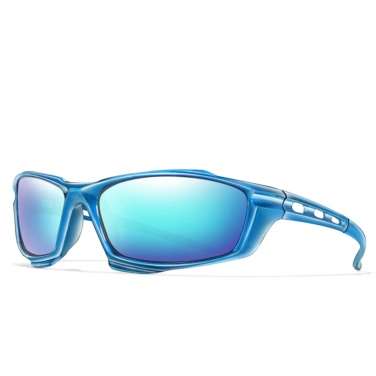 Un par de gafas deportivas azules polarizadas con marco y lente azul claro, sobre un fondo blanco.