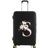 Black luggage with a pink floral design featuring the letter S