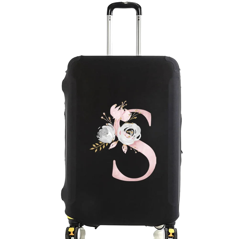 Black luggage with a pink floral design featuring the letter S