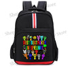 Black cartoon anime backpack featuring various character designs on the front pocket.