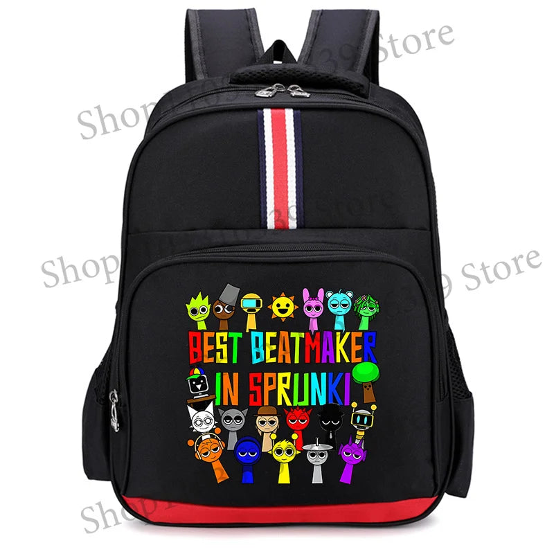 Black cartoon anime backpack featuring various character designs on the front pocket.