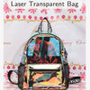 A clear plastic backpack with colorful iridescent and patterned fabric accents displayed against a white background.