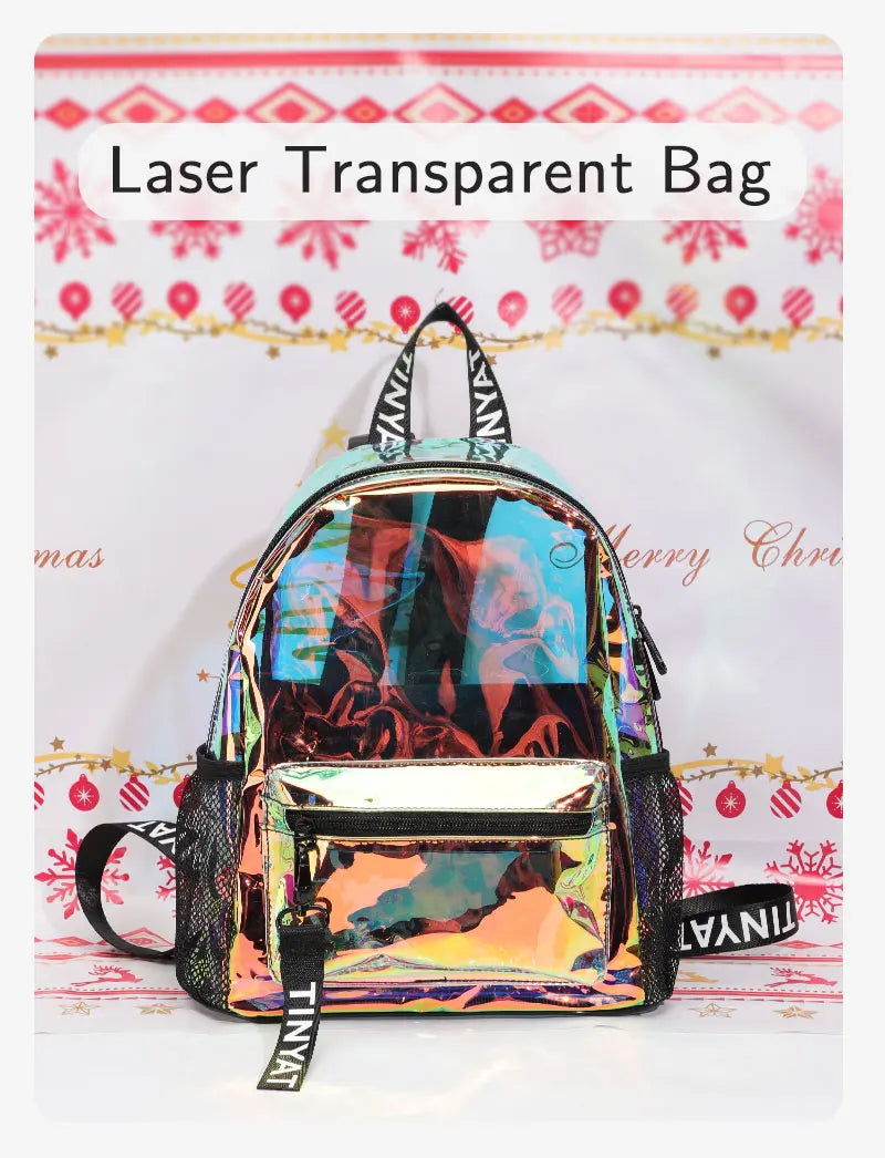 A clear plastic backpack with colorful iridescent and patterned fabric accents displayed against a white background.