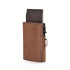 A brown genuine leather RFID blocking card wallet with a dark gray card sleeve.